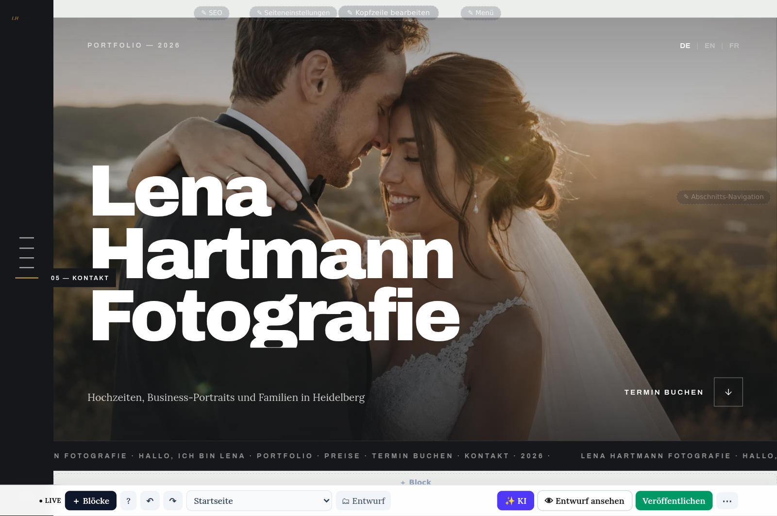 Der Live-Editor: Die Website wird direkt auf der Seite bearbeitet.